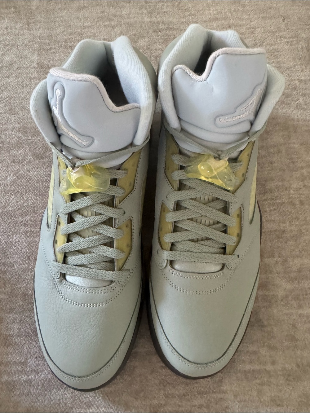 Air Jordan, retro 5’s Sneakers in Light Gray with Yellow Accentst
